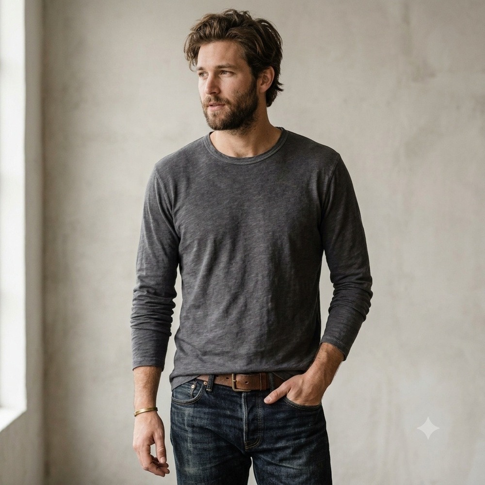 Buck Mason Mens Tee Medium Grey Slub Cotton Long Sleeve Crew Minimalist Rugged